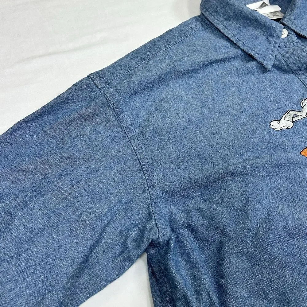 Warner Bros. Studio Store Looney Tunes Cotton Chambray Blue Shirt Embroidered - Picture 10 of 16
